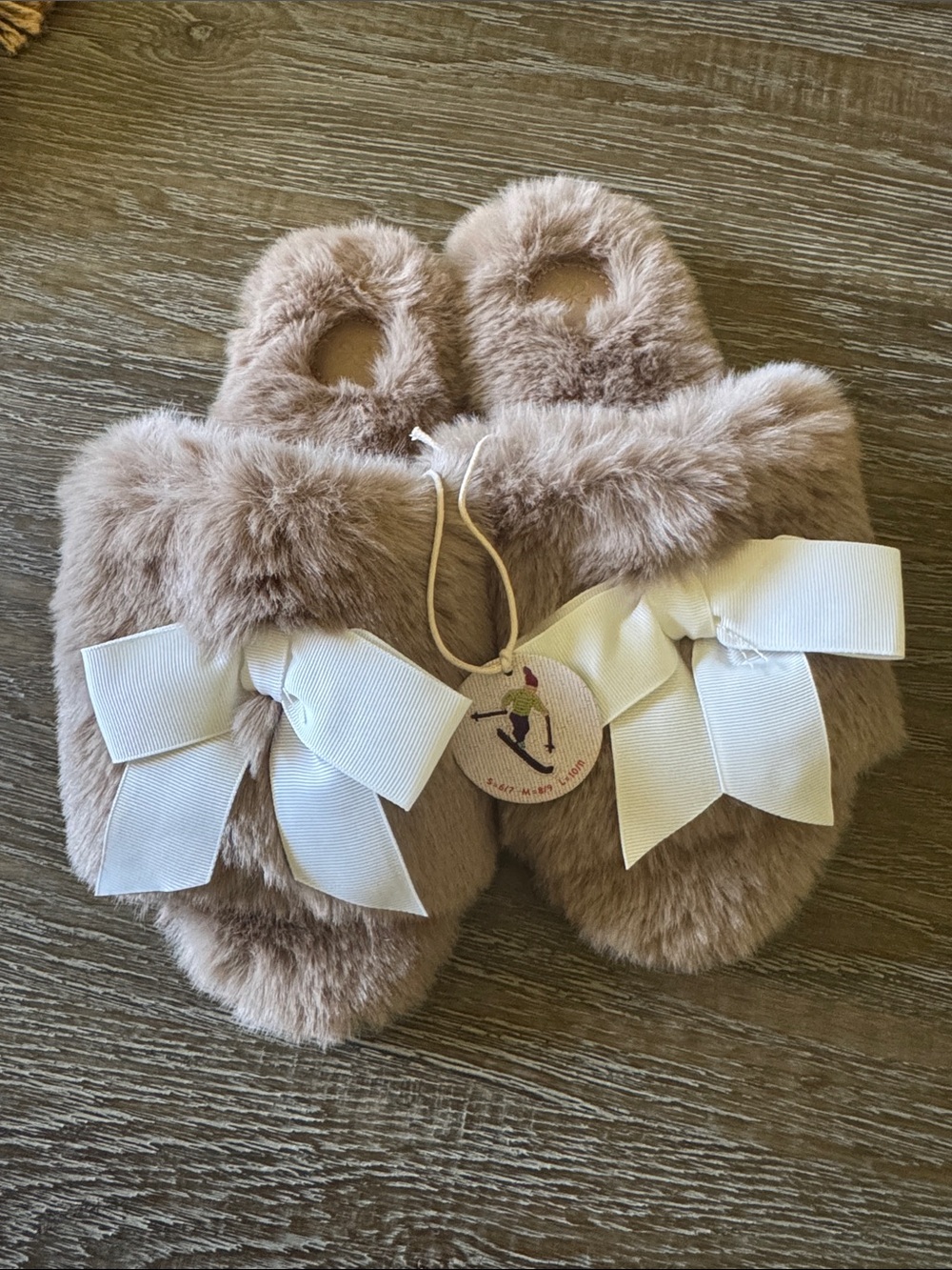 Anthropologie Taupe Faux Fur Slippers with White Bow